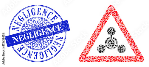 Chemical warning mosaic of triangle items, and Negligence unclean stamp seal. Blue stamp seal includes Negligence text inside round form.