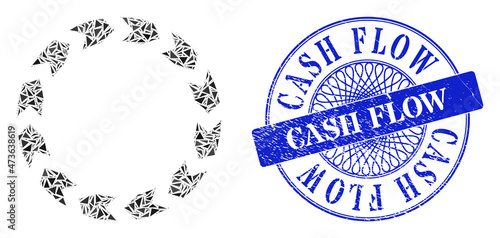 Circulation mosaic of triangle particles, and Cash Flow unclean seal imitation. Blue seal includes Cash Flow tag inside circle shape.