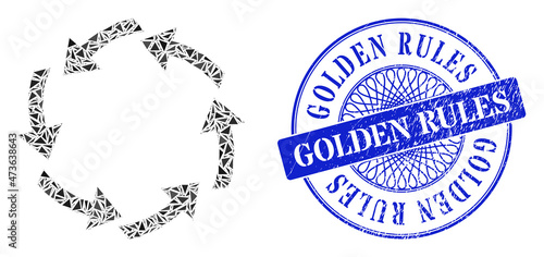 Circulation collage of triangle items, and Golden Rules corroded stamp. Blue stamp includes Golden Rules title inside circle shape. Vector circulation collage is composed of scattered triangle items.