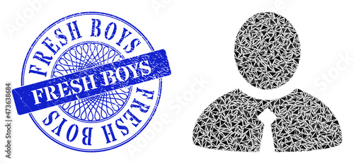 Clerk collage of triangle, and Fresh Boys rubber stamp seal. Blue stamp seal has Fresh Boys text inside circle shape. Vector clerk collage is formed of scattered triangle dots.