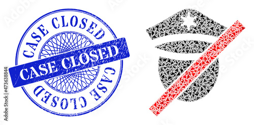 Closed police mosaic of triangle, and Case Closed dirty stamp seal. Blue stamp seal has Case Closed caption inside circle form. Vector closed police mosaic is organized from different triangle items.