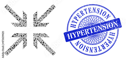 Collide arrows collage of triangle items, and Hypertension unclean stamp seal. Blue seal includes Hypertension tag inside circle form.