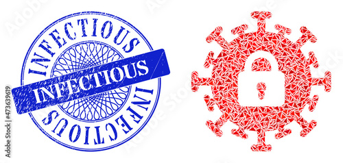 Contagious lockdown collage of triangle items, and Infectious corroded seal print. Blue seal has Infectious caption inside round form.