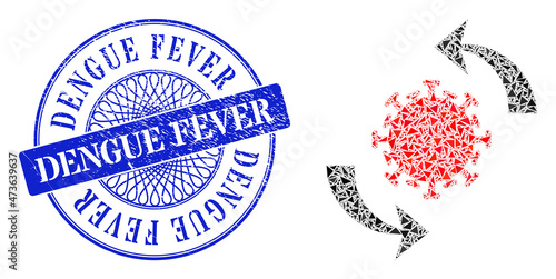 Coronavirus update collage of triangle particles, and Dengue Fever dirty stamp seal. Blue stamp seal contains Dengue Fever caption inside circle shape.