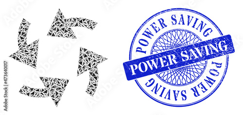 Cyclone arrows collage of triangle particles, and Power Saving dirty seal print. Blue seal includes Power Saving title inside round shape.