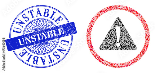 Danger sign collage of triangle, and Unstable grunge seal imitation. Blue stamp seal contains Unstable caption inside circle form. Vector danger sign collage is created of different triangle elements.
