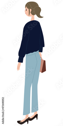 アイソメ　9等身　ポニーテールの若い女性　後ろ姿