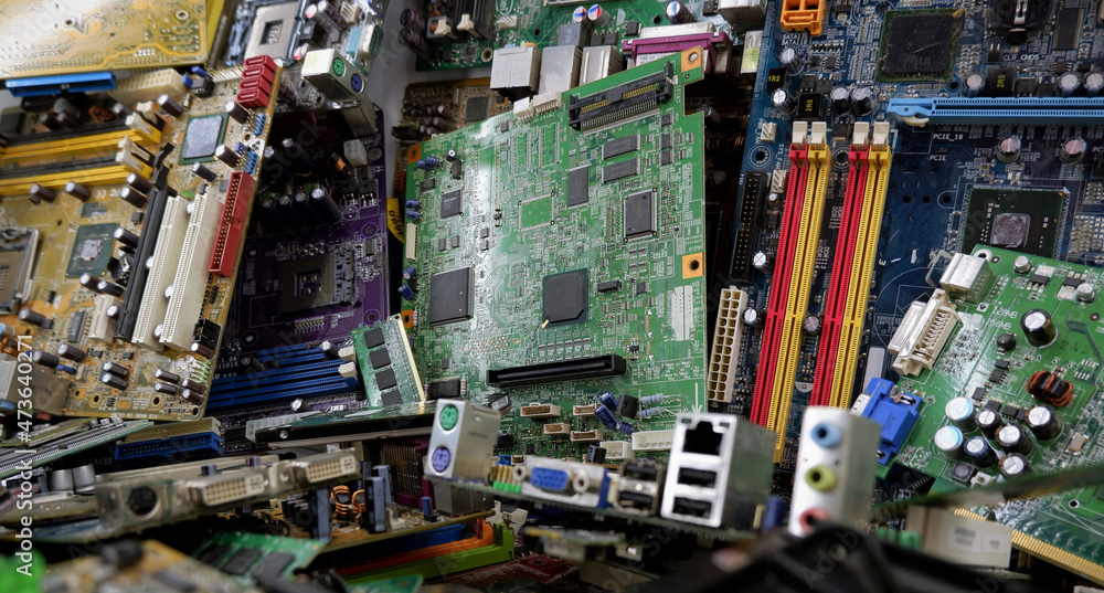 Disposal of electronic components, waste recycling. Old computer motherboards.