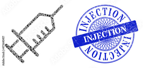Drug syringe collage of triangle parts, and Injection unclean seal. Blue stamp seal has Injection title inside circle shape. Vector drug syringe collage is organized from different triangle dots.