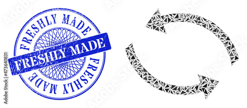 Exchange arrows collage of triangle items, and Freshly Made scratched seal print. Blue stamp seal includes Freshly Made title inside circle shape.