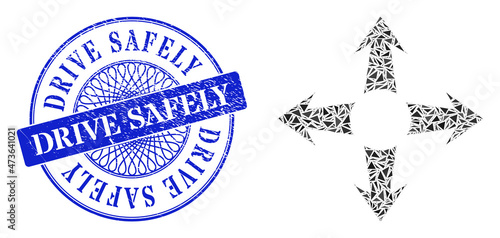 Expand arrows mosaic of triangle items, and Drive Safely unclean seal. Blue stamp has Drive Safely text inside round shape. Vector expand arrows mosaic is constructed of scattered triangle items.