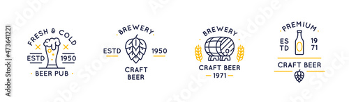 Set of 4 beer labels and logos. Beer icons. Circle vintage craft beer icons with pint glass, hop and barrel isolated on white background. Vector illustration