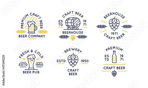 Set of 6 beer labels and logos. Vintage craft beer icons with pint glass, hop and barrel isolated on white background. Vector illustration 