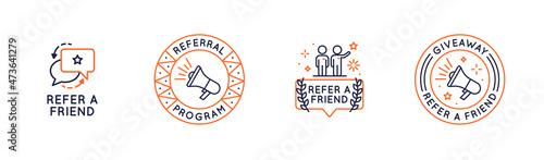 Referral program icons set. Refer a Friend concept with speech bubbles. People, megaphone icons. Label, badge isolated on white background. Vector illustration