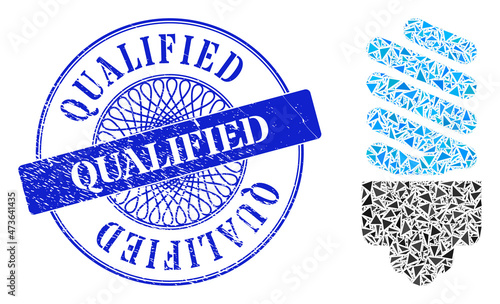 Fluorescent bulb collage of triangle parts, and Qualified dirty stamp. Blue stamp seal includes Qualified caption inside circle shape.