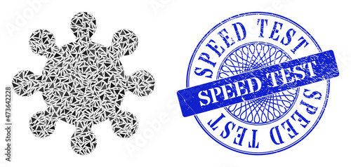 Gear collage of triangle parts, and Speed Test scratched stamp seal. Blue stamp seal includes Speed Test tag inside circle form. Vector gear collage is made of different triangle elements.