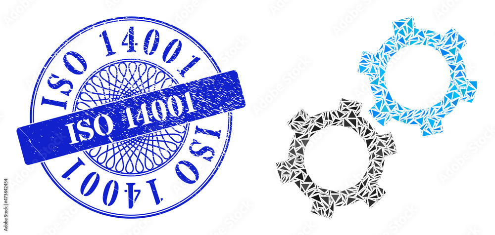 Gears mosaic of triangle items, and ISO 14001 dirty seal. Blue seal contains ISO 14001 title inside round form. Vector gears mosaic is organized of different triangle items. Gears mosaic of triangle items, and ISO 14001 dirty seal. Blue seal contains ISO 14001 title inside round form. Vector gears mosaic is organized of different triangle items.