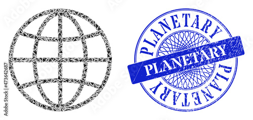 Global sphere collage of triangle parts, and Planetary dirty stamp seal. Blue seal includes Planetary text inside round shape. Vector global sphere collage is designed of different triangle elements.