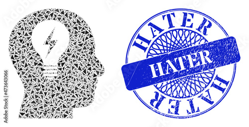 Head bulb mosaic of triangle particles, and Hater rubber stamp seal. Blue stamp seal includes Hater tag inside circle shape. Vector head bulb mosaic is constructed from scattered triangle items.