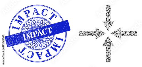Impact arrows mosaic of triangle particles, and Impact corroded seal print. Blue seal has Impact caption inside circle shape. Vector impact arrows mosaic is done of random triangle parts.