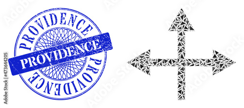 Intersection directions collage of triangle parts, and Providence unclean stamp. Blue stamp seal has Providence title inside round shape.