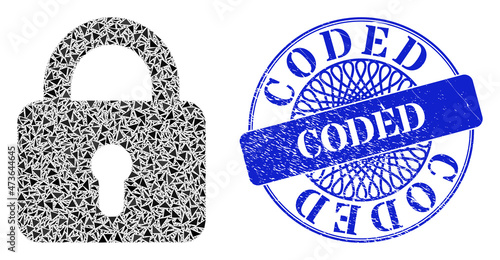 Lock collage of triangle items, and Coded unclean seal imitation. Blue seal contains Coded text inside circle form. Vector lock mosaic is constructed of different triangle items.