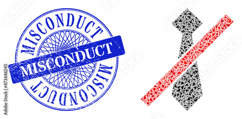 No man tie mosaic of triangle items, and Misconduct rubber stamp seal. Blue seal contains Misconduct title inside circle shape. Vector no man tie mosaic is designed of different triangle parts.