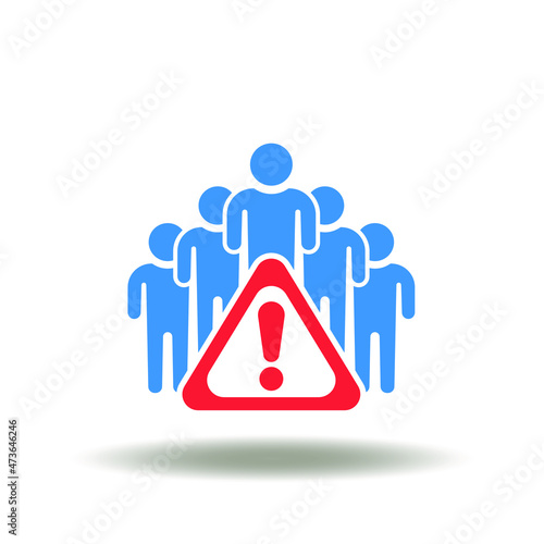 Vector illustration of people group with attention sign. Icon of migration crisis. Immigration immigrant danger sign. Symbol of refugees arrival.