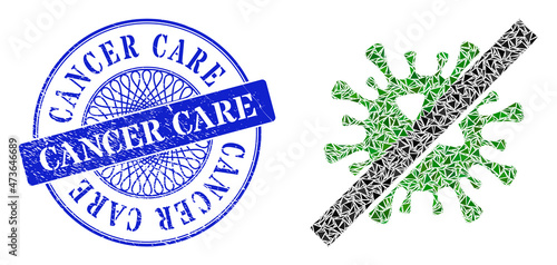 No SARS virus mosaic of triangle parts, and Cancer Care scratched watermark. Blue stamp seal contains Cancer Care tag inside round shape.