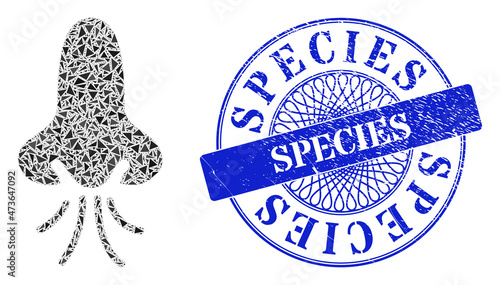 Nose snuff mosaic of triangle particles, and Species corroded stamp seal. Blue stamp seal has Species tag inside round shape. Vector nose snuff collage is made of different triangle dots.