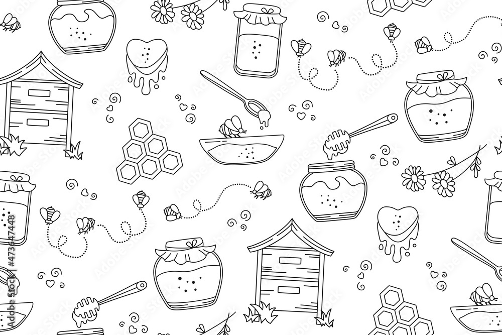 Honey in glass jar and bee, honeycomb seamless pattern. Doodle wallpaper honey and beehive repeat boundless. Healthy natural product. Scrapbook design textile print, fills, fabric, wrapping paper Honey in glass jar and bee, honeycomb seamless pattern. Doodle wallpaper honey and beehive repeat boundless. Healthy natural product. Scrapbook design textile print, fills, fabric, wrapping paper