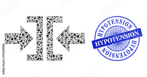 Press horizontal direction collage of triangle items, and Hypotension textured stamp. Blue stamp includes Hypotension tag inside circle form.