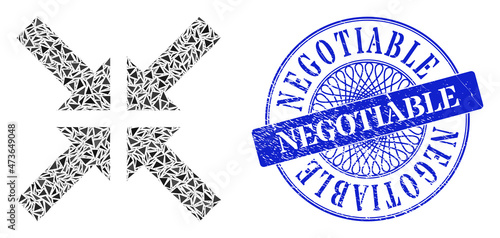 Pressure arrows collage of triangle parts, and Negotiable rubber stamp seal. Blue stamp contains Negotiable title inside round form.