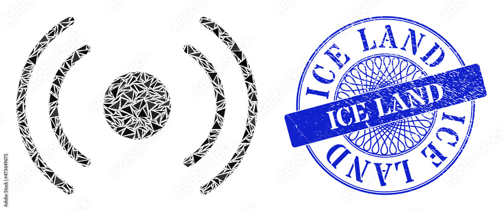 Radio internet mosaic of triangle, and Ice Land textured stamp seal. Blue stamp seal contains Ice Land tag inside round form. Radio internet mosaic of triangle, and Ice Land textured stamp seal. Blue stamp seal contains Ice Land tag inside round form.