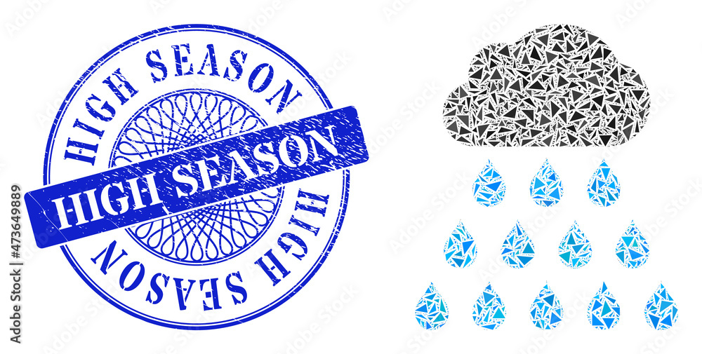 Rain cloud mosaic of triangle, and High Season dirty stamp. Blue stamp contains High Season tag inside circle shape. Vector rain cloud mosaic is organized with different triangle parts.