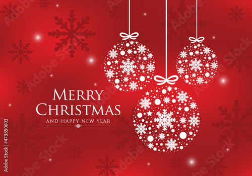 White Christmas balls with different sizes of snowflakes on festive red background.