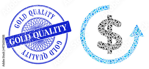 Refund mosaic of triangle items, and Gold Quality rubber seal. Blue stamp seal contains Gold Quality text inside round form. Vector refund collage is created of different triangle items.