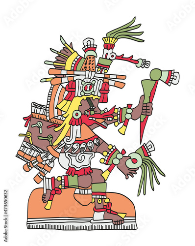 Quetzalcoatl, as depicted in the Codex Telleriano-Remensis. Aztec god related to wind, wisdom and to planet Venus. His name comes from Nahuatl language and means Precious or Quetzal-feathered Serpent.