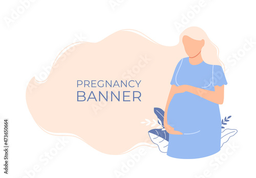 Flat pregnancy background. Beautiful Caucasian pregnant woman hold belly. Young happy expectant girl expecting a baby birth. Cute mother banner with blank text space. Parenthood vector illustration.