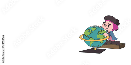 Personaje N02 de viajero observando un globo terráqueo antes de emprender una viaje o aventura que desea descubrir el mundo o países.   