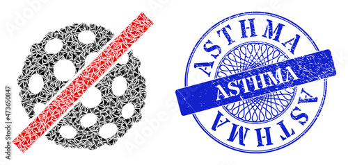 Remove microbe spore collage of triangle particles, and Asthma scratched stamp. Blue stamp contains Asthma caption inside round form.