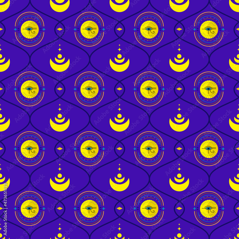 Ornament with eyes, sun and moon. The pattern is esoteric, mystical on a blue background. Vector illustration. For textiles, prints, packaging, scrapbooking, covers and brochures. Ornament with eyes, sun and moon. The pattern is esoteric, mystical on a blue background. Vector illustration. For textiles, prints, packaging, scrapbooking, covers and brochures.