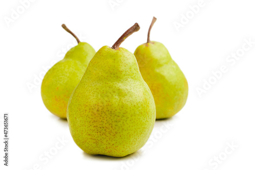 Three packham pears, also Packham’s Triumph, isolated on white background