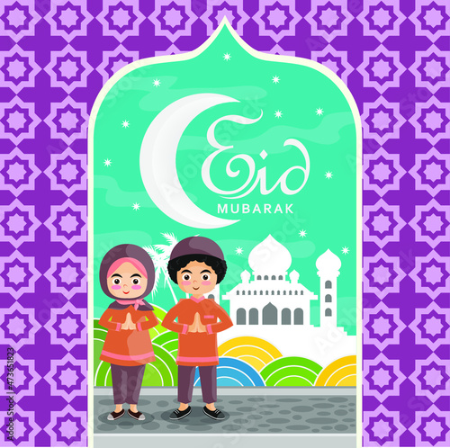 Cute Couple Moslem Kids Greeting Salaam Illustration. Happy Eid mubarak Islamic celebration day concept, vector illustration, banner and correct design