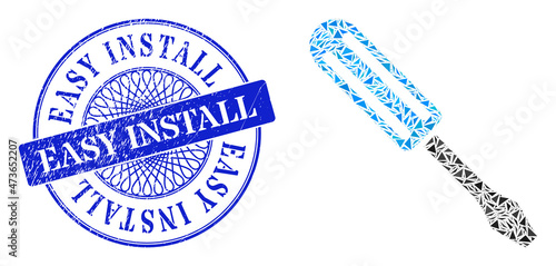Screwdriver mosaic of triangle parts, and Easy Install textured stamp seal. Blue stamp seal includes Easy Install tag inside round shape.