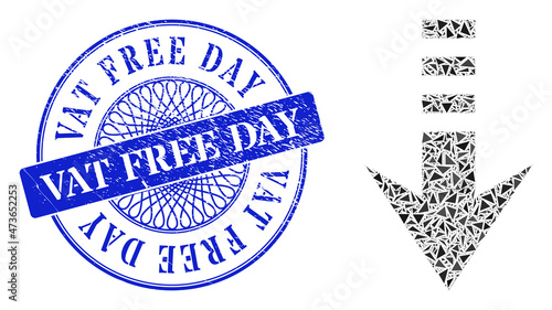 Send down mosaic of triangle items, and Vat Free Day corroded seal imitation. Blue seal has Vat Free Day caption inside round shape. Vector send down mosaic is designed with random triangle items.