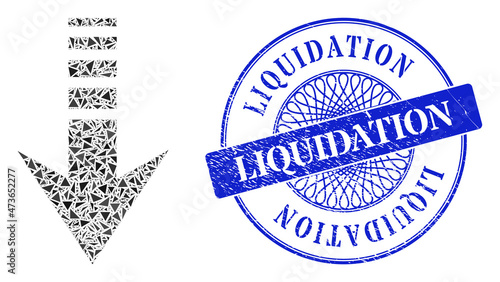 Send down collage of triangle items, and Liquidation textured stamp. Blue stamp seal includes Liquidation tag inside circle form. Vector send down collage is composed with random triangle items.