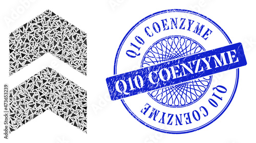 Shift up mosaic of triangle items, and Q10 Coenzyme corroded stamp seal. Blue seal includes Q10 Coenzyme text inside round shape. Vector shift up mosaic is made of random triangle dots.
