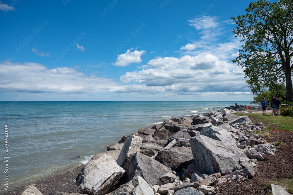 rocks on the shore of lake michigan