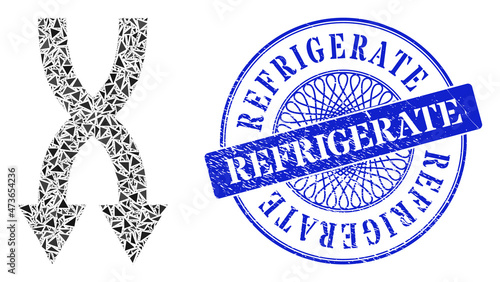 Shuffle arrows down mosaic of triangle parts, and Refrigerate rubber stamp seal. Blue seal contains Refrigerate text inside round shape.